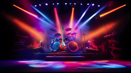 Photo for Live music concert on stage with electric guitar and drum kit. Concert background - Royalty Free Image