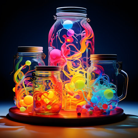 3D illustration of glass and jars filled with colorful magic inside on a dark backgroundの素材