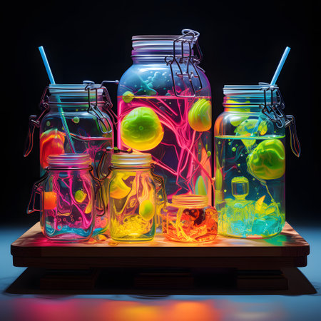 3d illustration of colorful glass jars with fruits inside. Abstract background.の素材