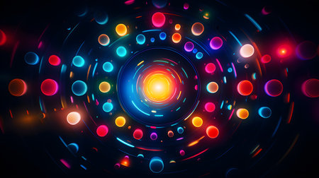 abstract colorful circles and lines on dark background. 3d renderingの素材