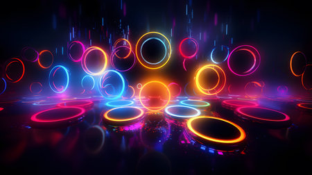abstract background with glowing neon circles and lines. 3d illustrationの素材