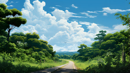 Country road in the forest with airplane flying in the blue sky.の素材