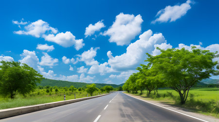asphalt road in the green field with blue sky and white cloudsの素材