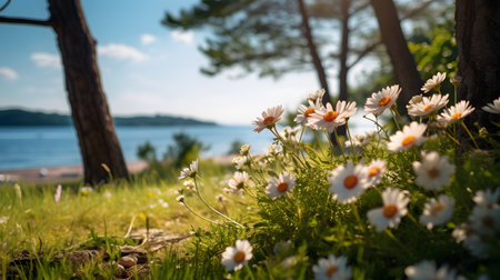 Daisy flowers in the garden with lake and pine tree background.の素材
