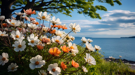 Cosmos flowers on the background of the sea and a tree.の素材