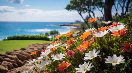 Colorful flowers in the garden with the sea in the background.の素材