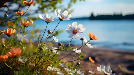 Cosmos flowers on the lake shore. Beautiful landscape with flowers.の素材