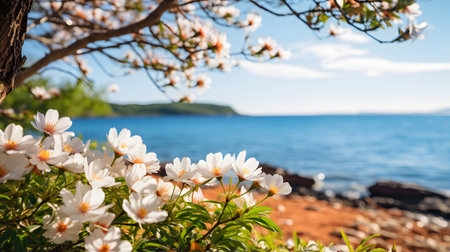 beautiful white flowers on the background of the sea and blue skyの素材