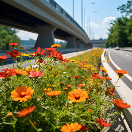Flowers in the foreground and a bridge in the background on a sunny dayの素材