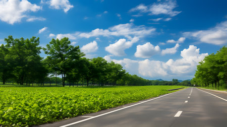 Asphalt road through the green field and blue sky with white cloudsの素材