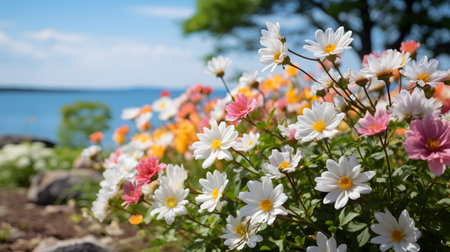 Colorful daisies blooming in the garden by the lakeの素材