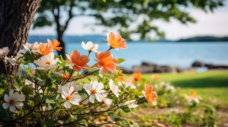 Colorful flower in the garden with sea background,Thailand.の素材