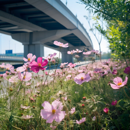 Cosmos flowers and the bridge in the background. Selective focus.の素材