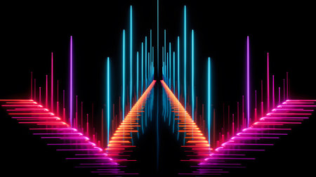 Abstract background with colorful neon lines on a black background. Vector illustrationの素材