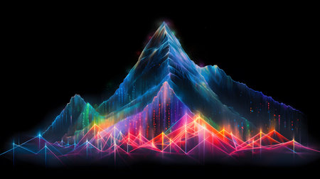 Abstract 3d rendering of a mountain with colorful lights on a black backgroundの素材