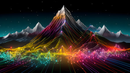 abstract 3d illustration of mountains with colorful lights in the nightの素材