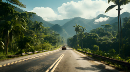 View on the road in the jungle with palm trees and mountains.の素材