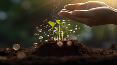 Human hand holding green seedling growing from soil on blurred bokeh backgroundの素材