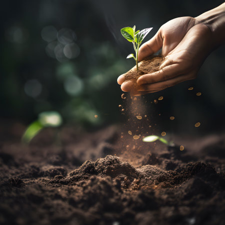 Human hand holding green seedling growing from soil on blurred nature backgroundの素材