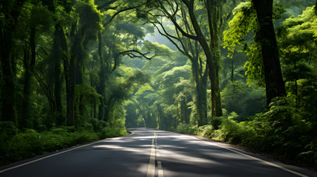 Asphalt road through the green forest in the morning, Taiwan.の素材