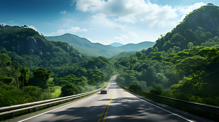 Road in the mountains. Travel and adventure concept. 3D Renderingの素材