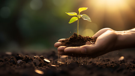 Human hand holding green tree seedling on fertile soil with sunlight backgroundの素材
