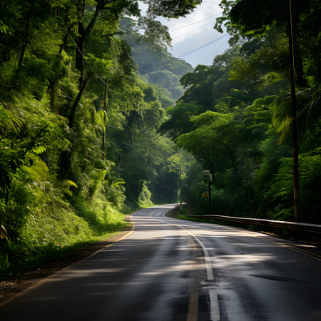Road in the rainforest of Mauritius Island. The road is surrounded by lush greenery.の素材
