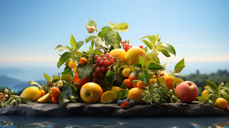 Fruits and berries on a stone plate on a background of blue skyの素材