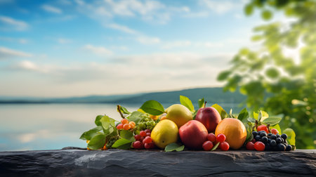 fruits on a wooden table against the background of the lake.の素材