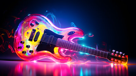 Electric guitar in neon light on dark background. Music concept. Vector illustrationの素材