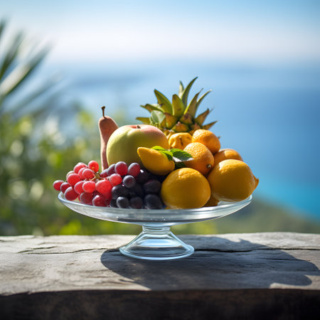 Fruits in a glass vase against the background of the seaの素材