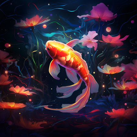 Koi fish in the pond. Illustration on dark background.の素材