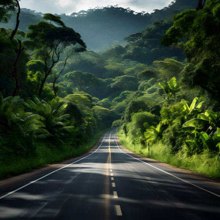 Road in the jungle with a view of the mountains and forest.の素材