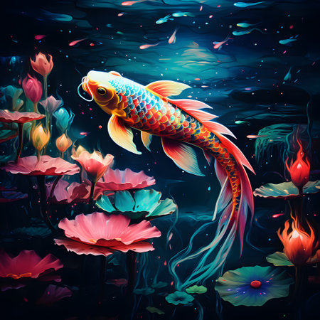 Koi fish in the pond. Illustration on dark background.の素材