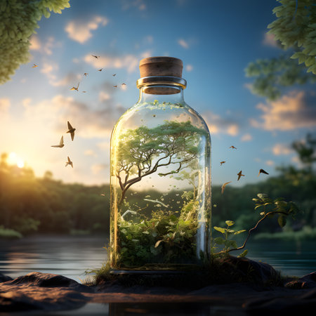 Tree in a glass bottle on nature background. 3D rendering.の素材