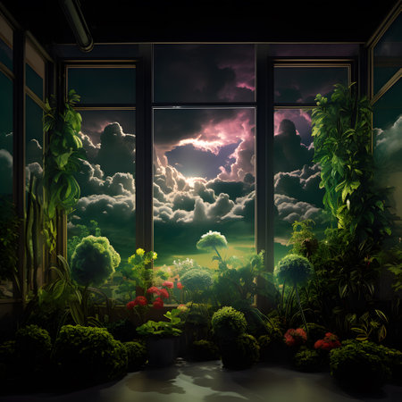 Beautiful view from the window in the garden at night. 3D renderingの素材