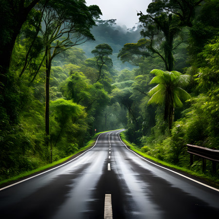 Road in the rainforest, South Island, New Zealand. Nature and travel background.の素材