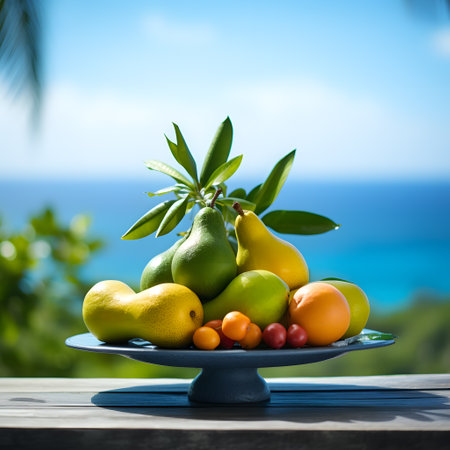 Fruits on a plate on a wooden table against the background of the seaの素材