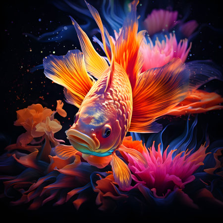 Goldfish with anemone on a dark background. 3d renderingの素材