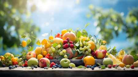 Fresh fruits on wooden table with nature bokeh background. Healthy food concept.の素材