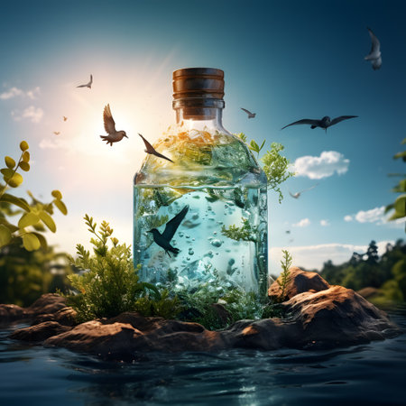 Glass bottle with magic potion on nature background. 3d rendering.の素材