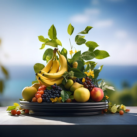 Plate with fresh fruits and vegetables on table with ocean view backgroundの素材