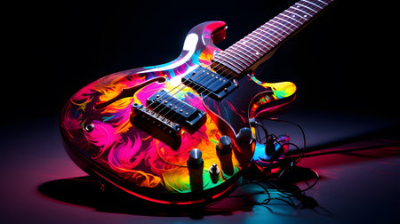 Electric guitar with headphones on a dark background. Close-up.の素材