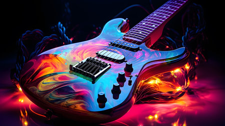 Electric guitar in neon light on dark background. 3D illustration.の素材