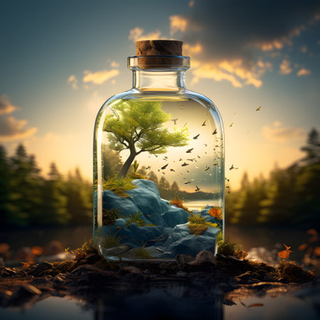 Conceptual image with a small tree in a glass bottle.の素材