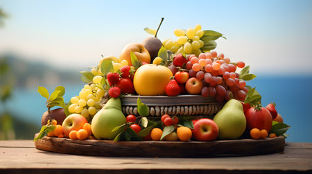 Fresh fruits in basket on wooden table against blue sea and sky backgroundの素材