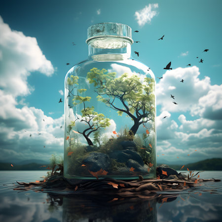 Tree in a glass bottle floating on the water with blue sky backgroundの素材