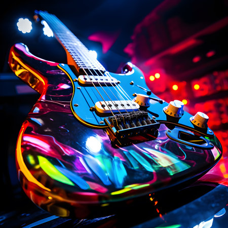 guitar on stage in a nightclub, close-up.の素材