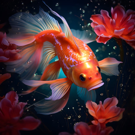 Goldfish and flowers in the water. 3d rendering. Computer digital drawing.の素材