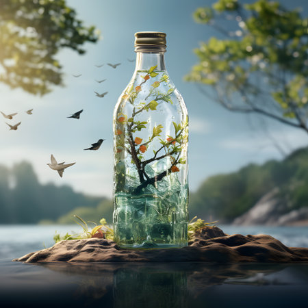 Glass bottle with plant inside on nature background. 3d illustration.の素材